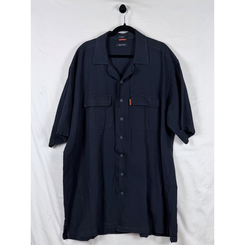 Nautica Short Sleeve Button Down Shirt 2XLT Navy Cotton Linen Pockets Coastal